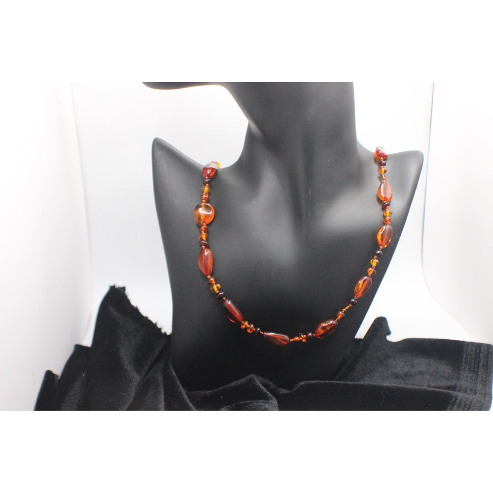 Vintage Look Amber Bead Necklace Hand Knotted Cognac Honey Cherry 22 Inch 13g
